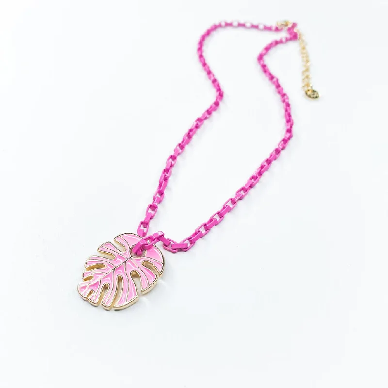 women chunky necklaces -Pink Palm Necklace N2