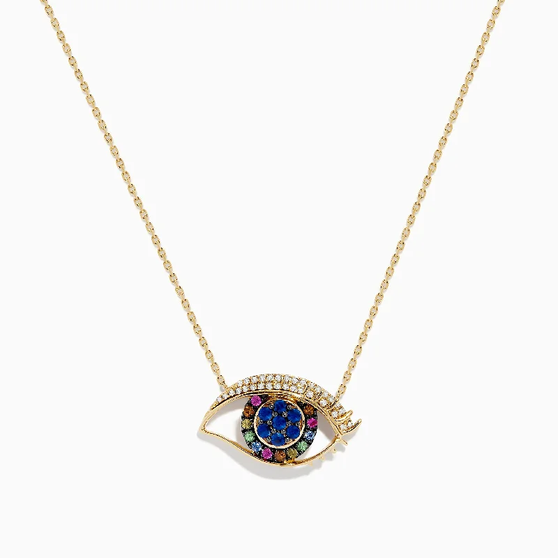 women sterling silver necklaces -Novelty 14K Yellow Gold Multi Sapphire and Diamond Evil Eye Necklace